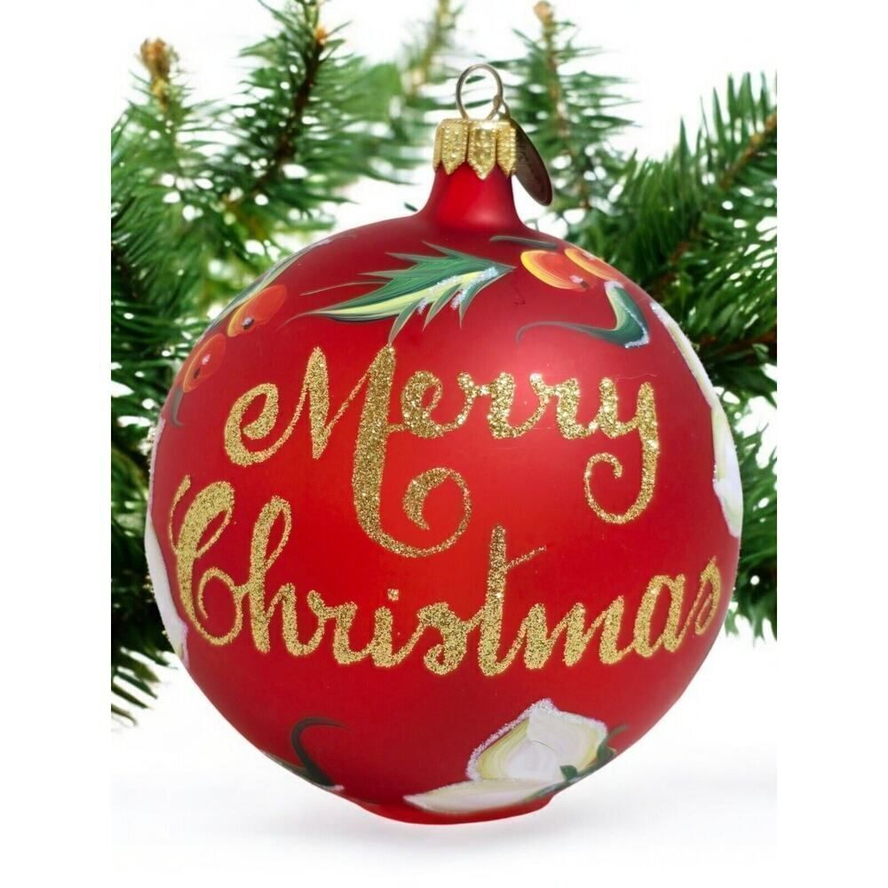 Pier 1 GLASS Red Merry Christmas‎ 2012 Ornament Flowers